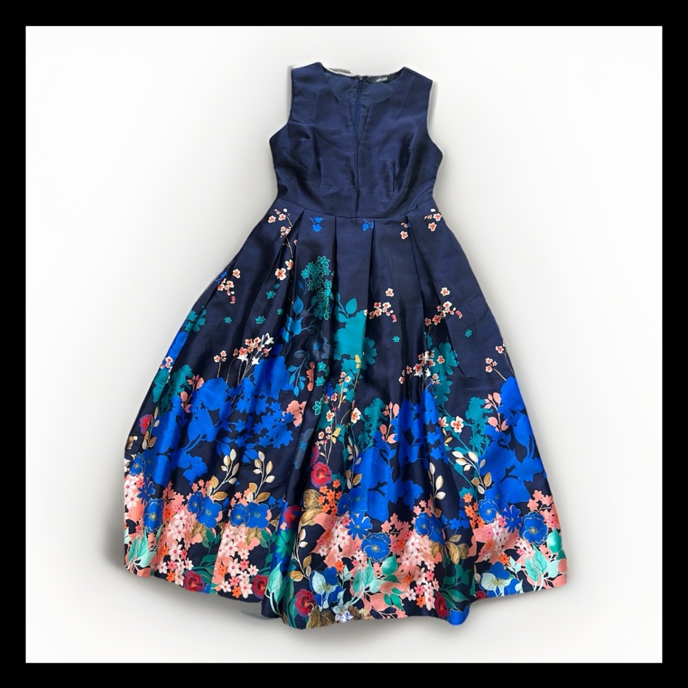 eShakti Placed Blue Floral Print Dupioni Dress Fit Flare Midi Maxi Pockets Sz M